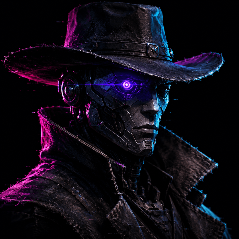 Kade Zero, an alloy-faced android author with a glowing violet optic and magenta and cyan rim light.